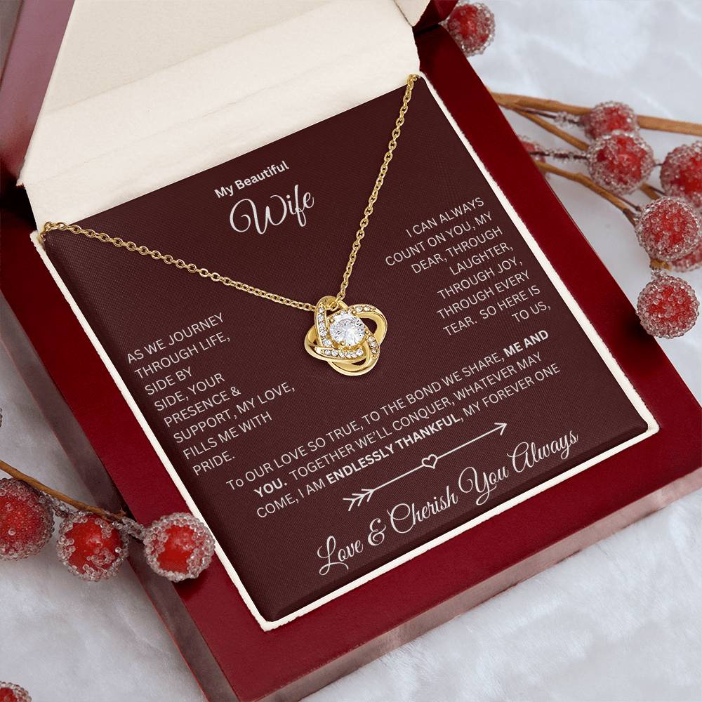 Wife gift with love knot necklace and special message in a luxury box with props