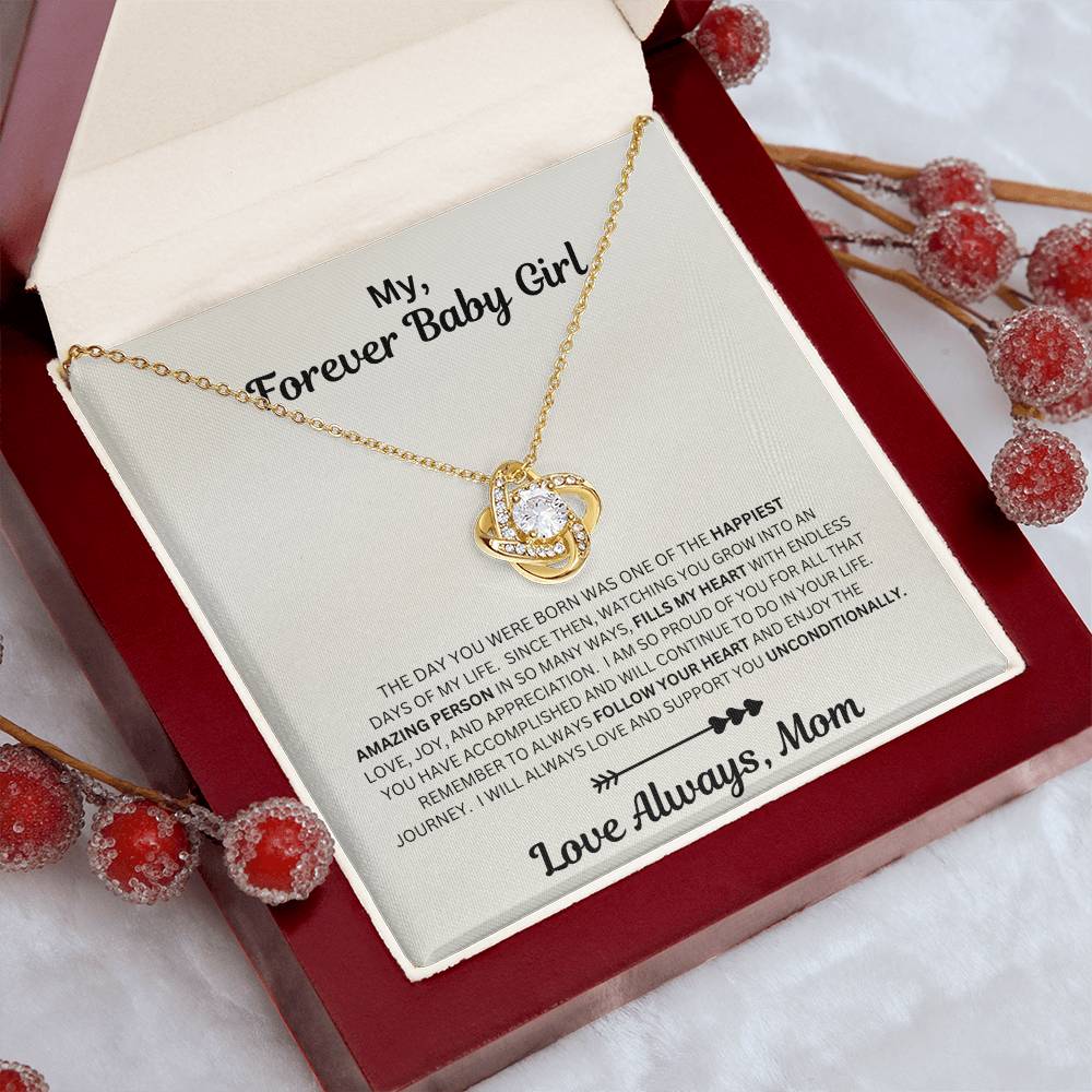 Daughter gift from mom with love knot necklace and sentimental message in luxury box