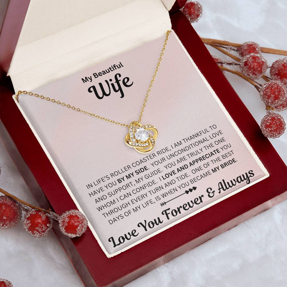 Wife gift with love knot necklace and special sentiment in a luxury. box