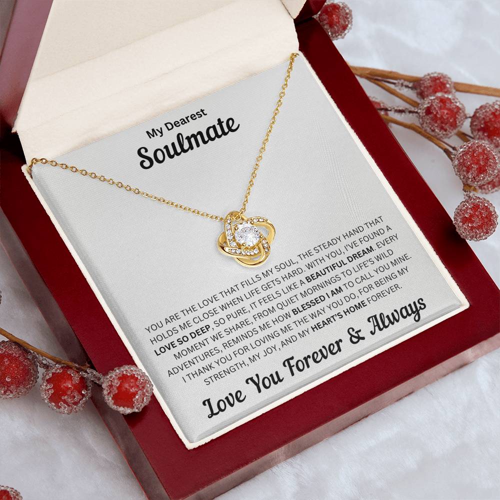 Soulmate gift with love knot necklace and special message in a luxury box with props