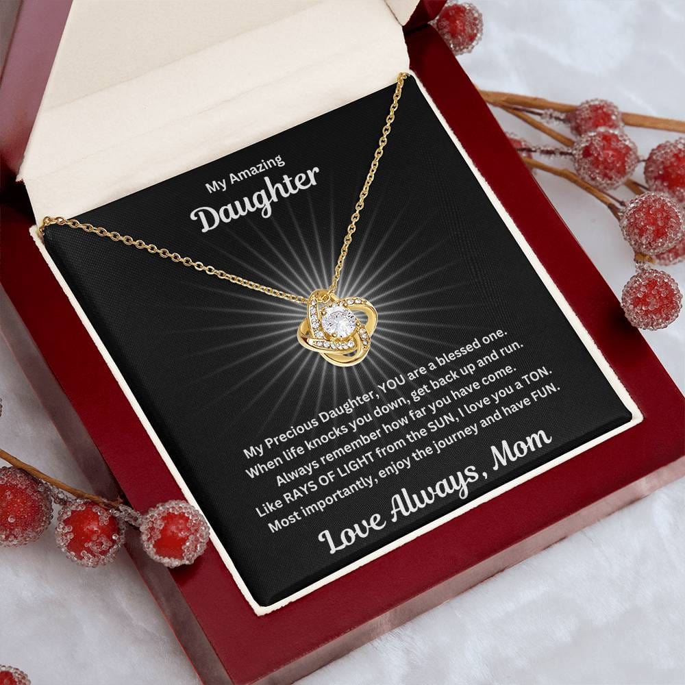 Daughter gift from mom with beautiful love knot necklace and special message in a luxury box