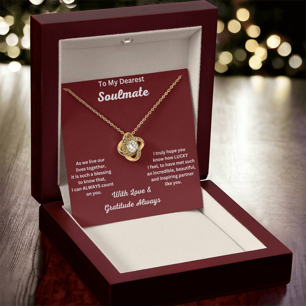  Soulmate Gift-Love Knot Necklace In 18K Yellow Gold Finish In Luxury Box With LED Spotlight With Message Card Vertical