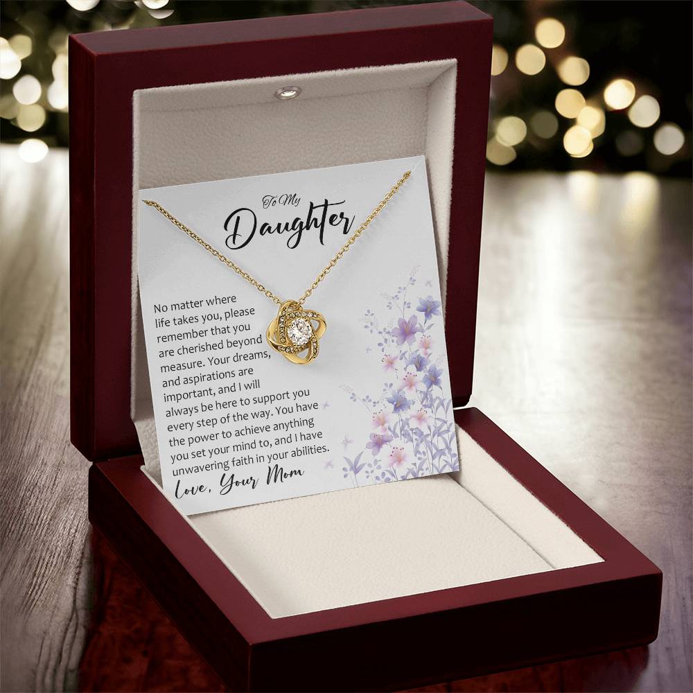 Daughter gift from mom with love knot necklace with special message in luxury box with LED on