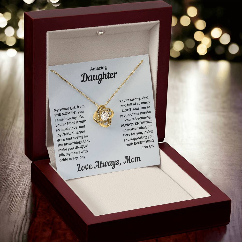 Daughter gift from mom with love knot necklace and special message in luxury box with LED on