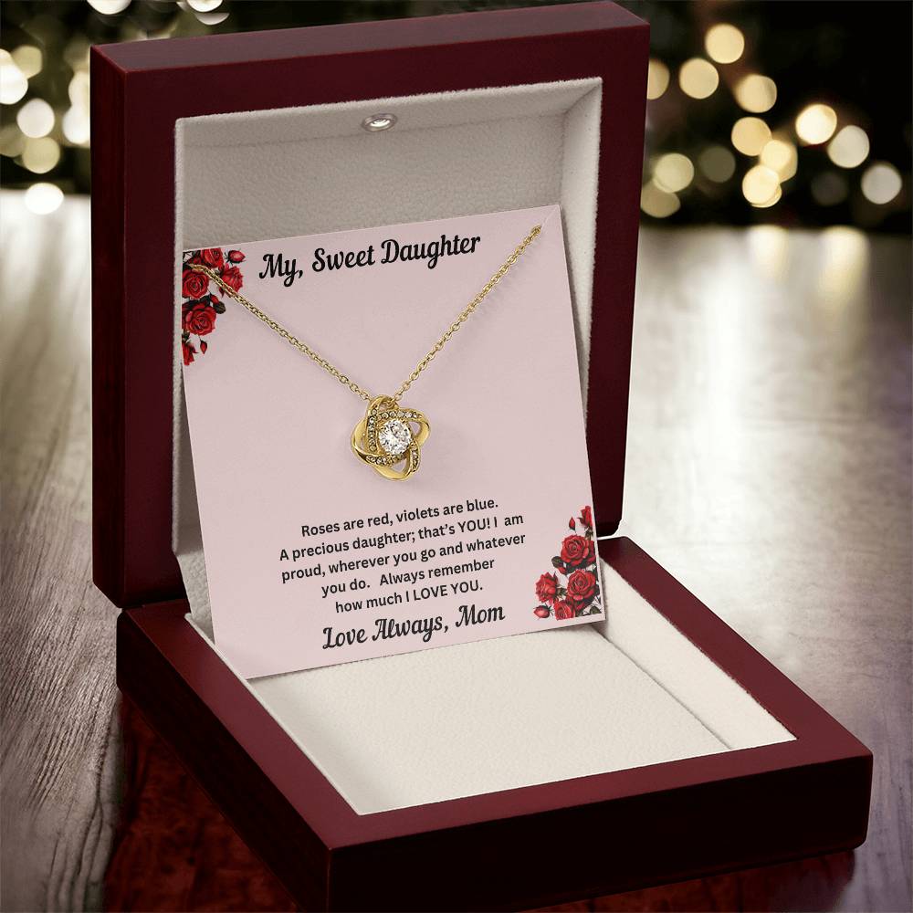 Daughter gift from mom with love knot necklace and special message in luxury box with led on