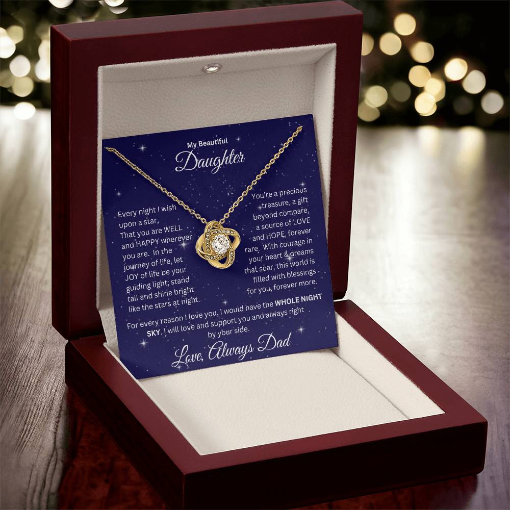 Daughter gift from dad with love knot necklace and special message in a ready to gift luxury box with LED light