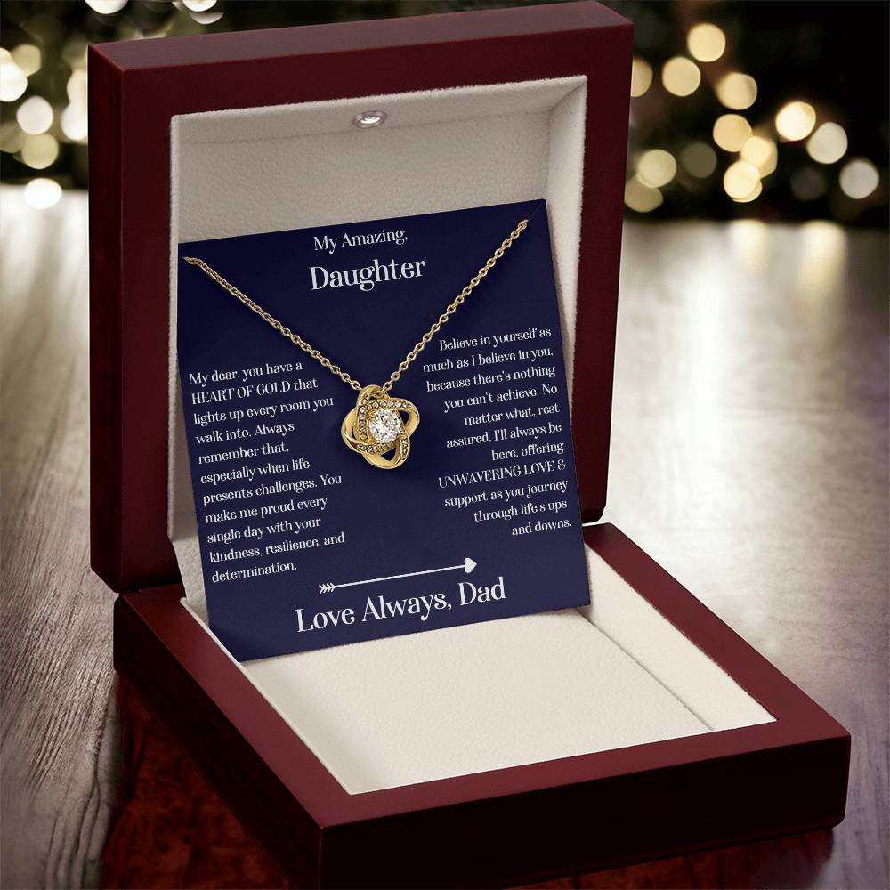 Daughter gift from dad with love knot necklace and special sentiment in a luxury box