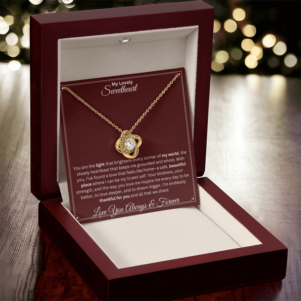 Soulmate gift with love knot necklace and special sentiment in a ready to gift box