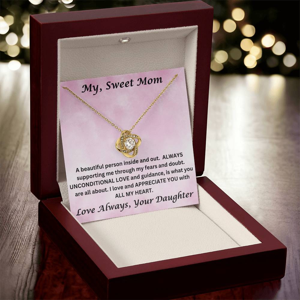 Mom gift from daughter with love knot necklace and special message in luxury box with spotlight on