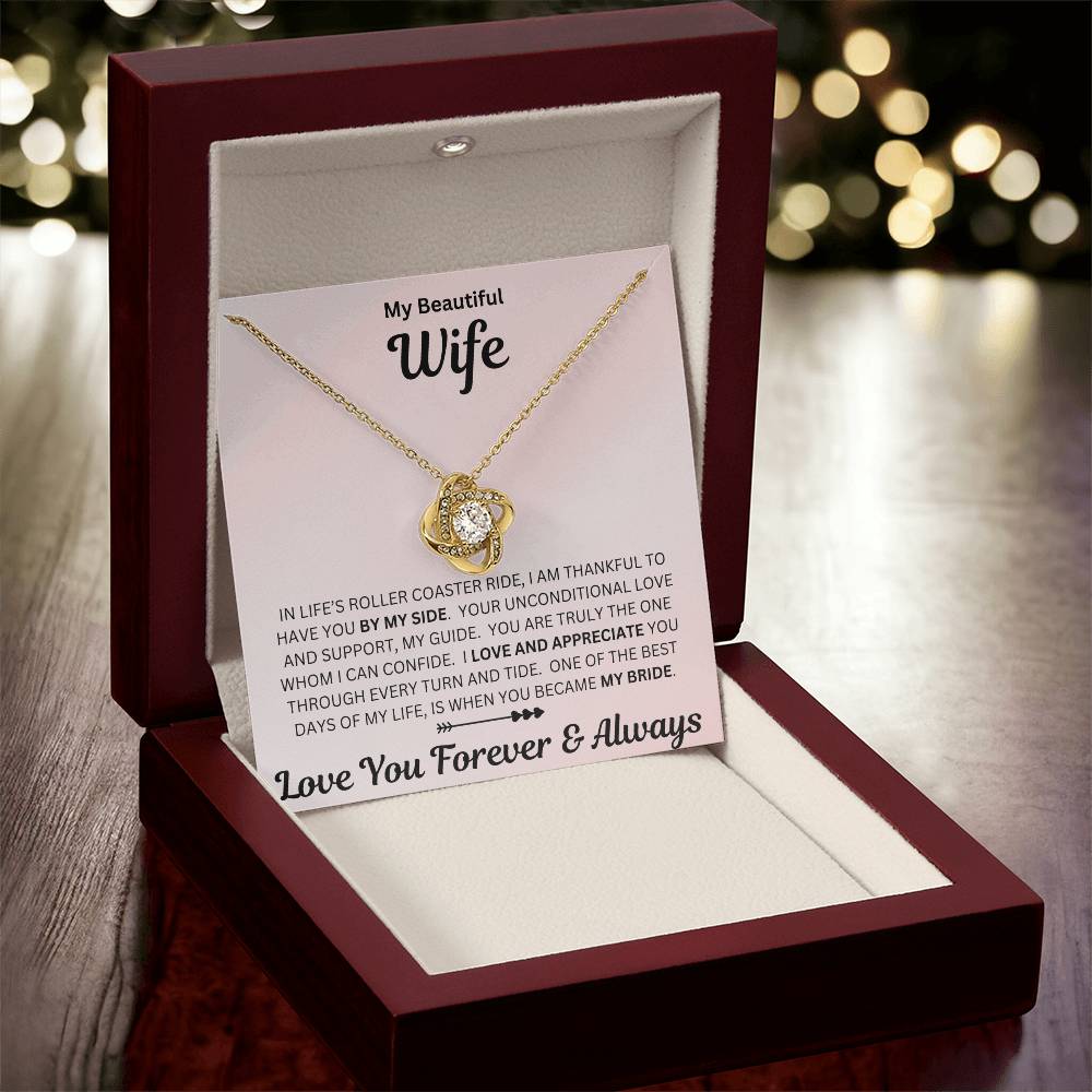 Wife gift with love knot necklace and special sentiment in a luxury box