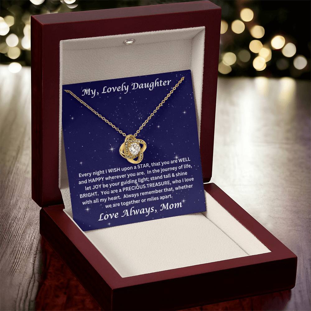 Daughter gift from mom with love knot necklace with special message in luxury box with LED on