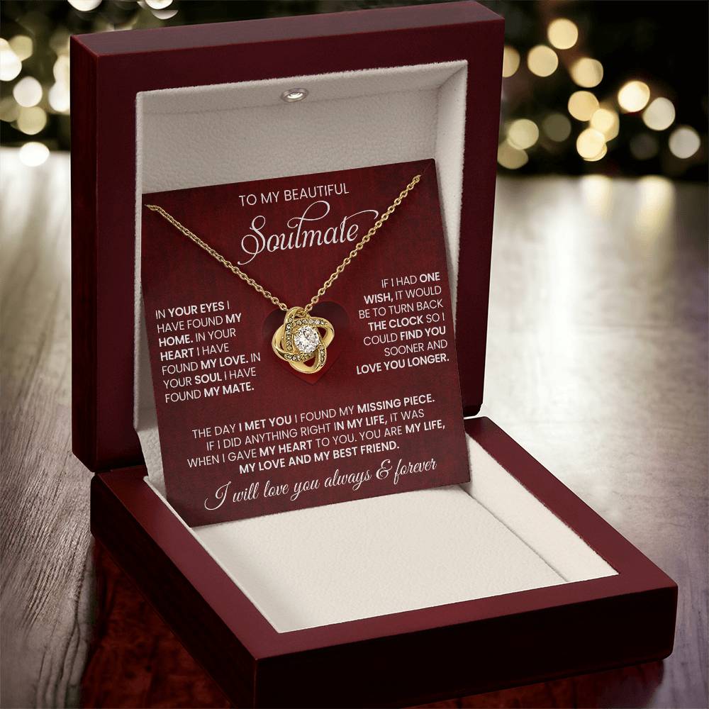 Soulmate Love Knot Necklace In 18K Yellow Gold In Luxury Box WIth Unique Message 