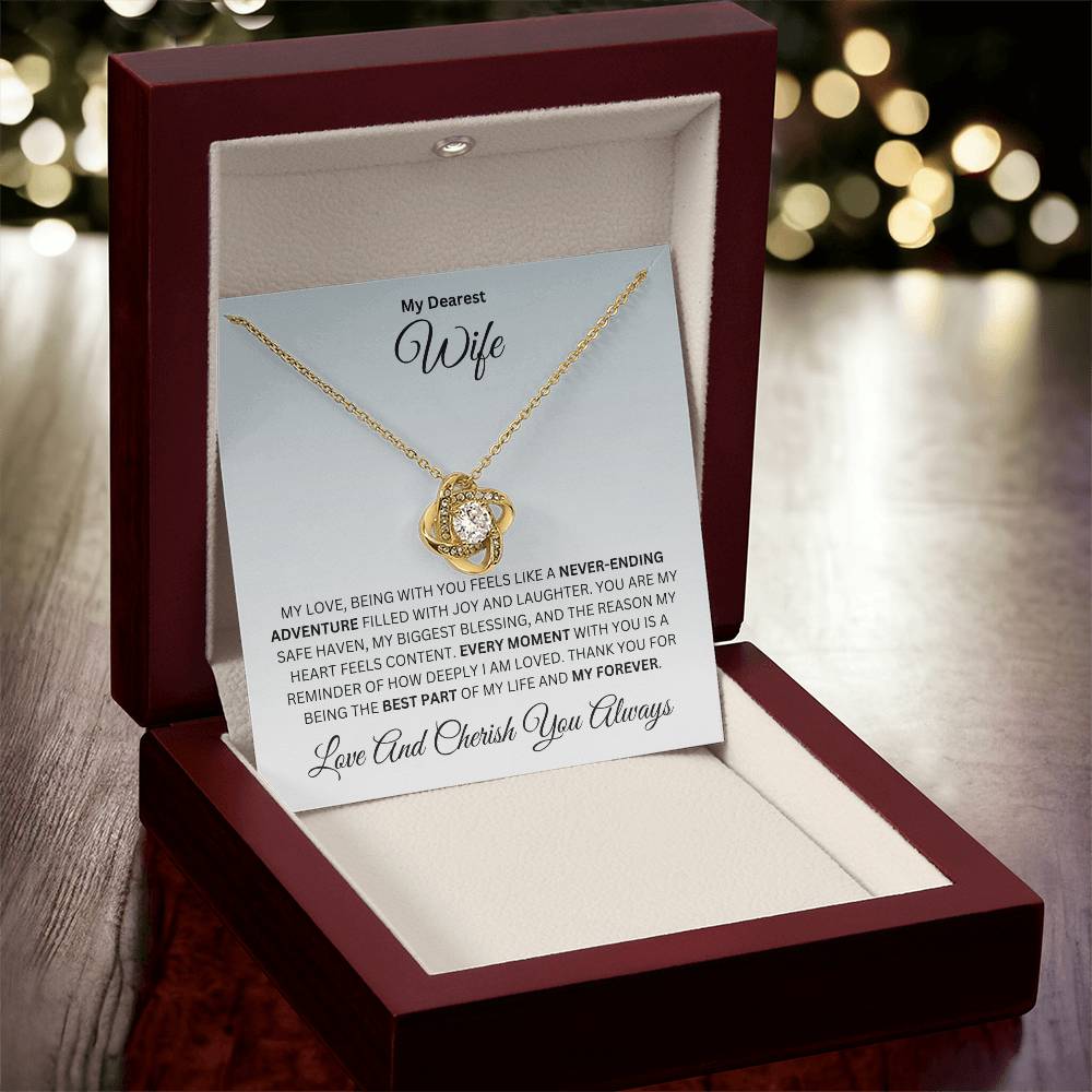 Wife gift with love knot necklace and special heart warming sentiment in a luxury box with LED on