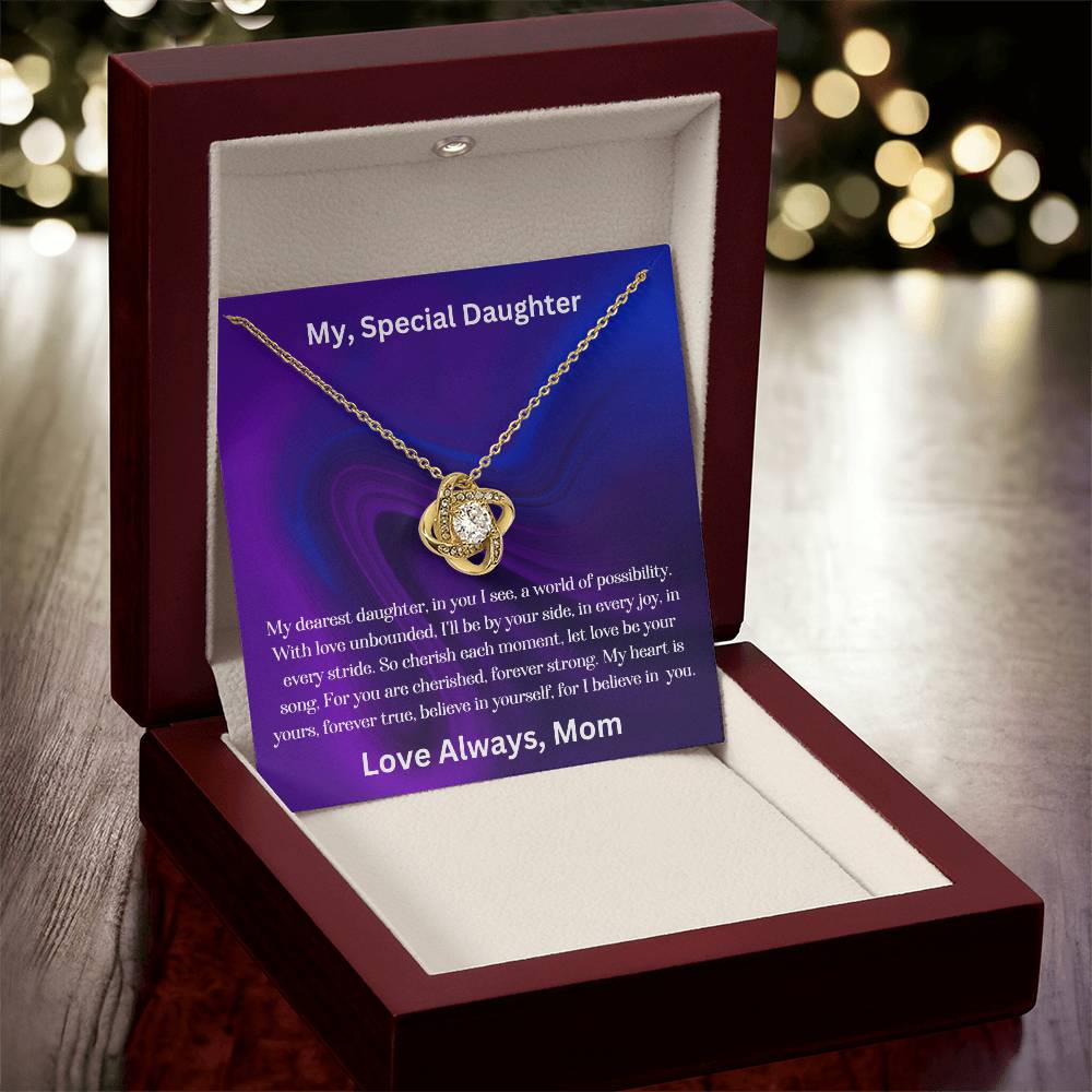 Daughter gift from mom with the love knot necklace and special message in luxury box with LED light on