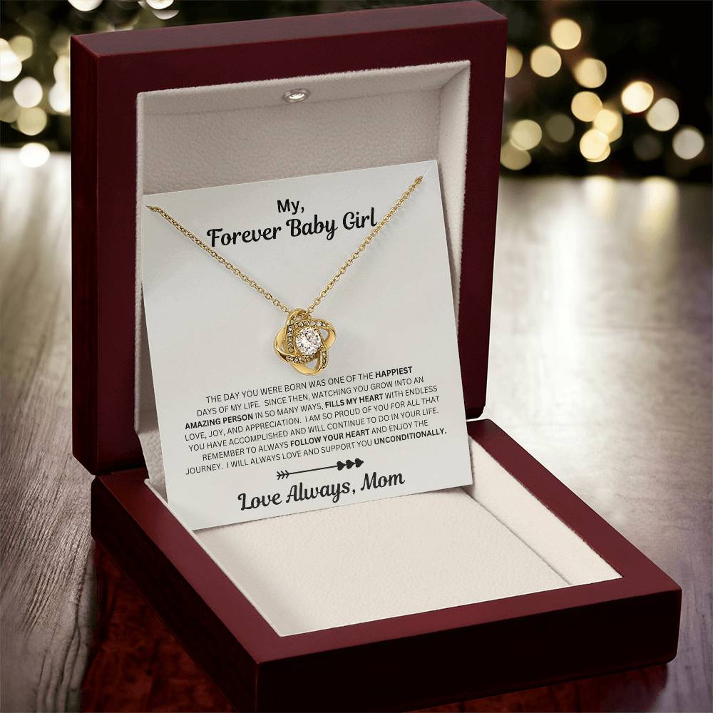 Daughter gift from mom with love knot necklace and sentimental message in luxury box w/LED