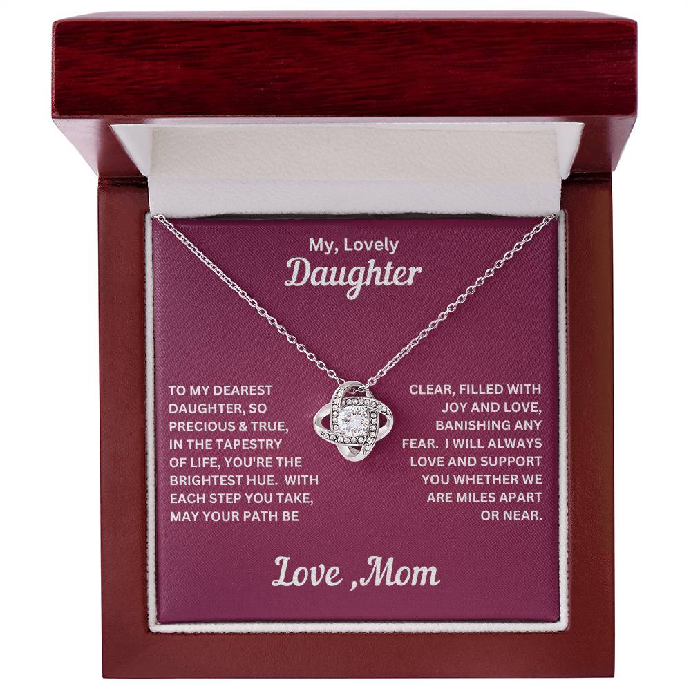 Daughter gift from mom with love knot necklace and special message in luxury box