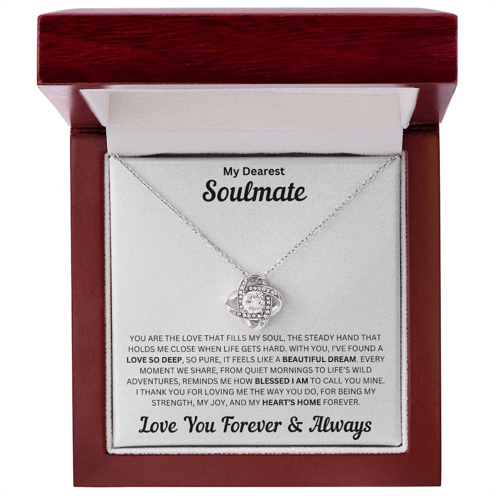 Soulmate gift with love knot necklace and special message in a luxury box