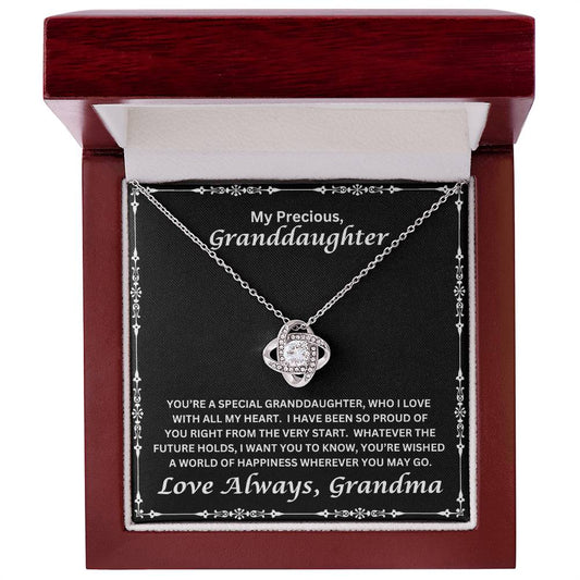 Granddaughter gift from grandma with love knot necklace and special message in luxury box