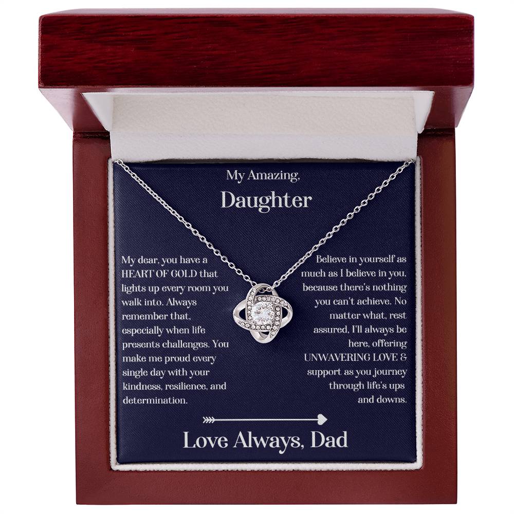 Daughter gift from dad with love knot necklace and special sentiment in a luxury box