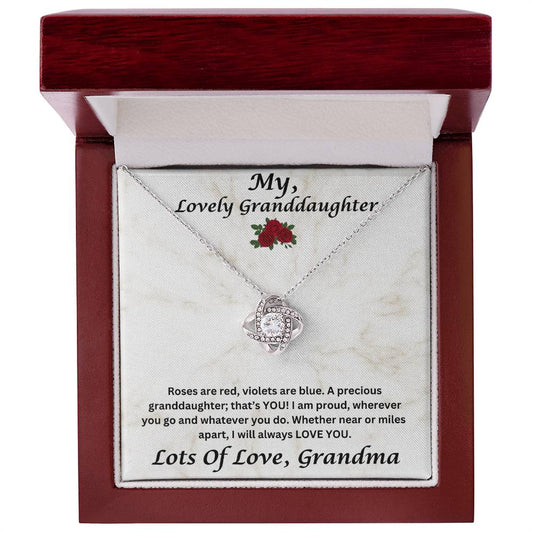 Granddaughter gift from grandma with love knot necklace with special message in luxury box