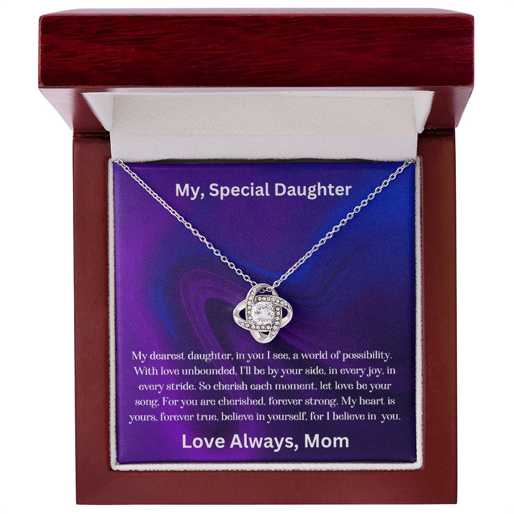 Daughter gift from mom with the love knot necklace and special message in luxury box