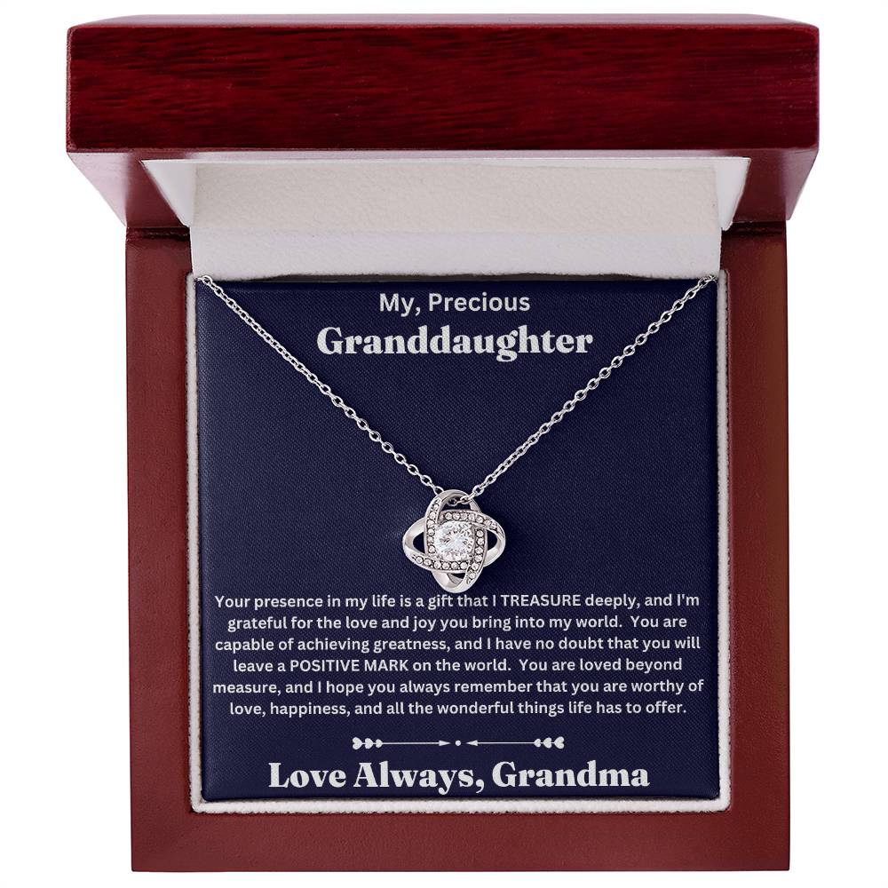 Granddaughter gift from Grandma with love knot necklace and special message in luxury box