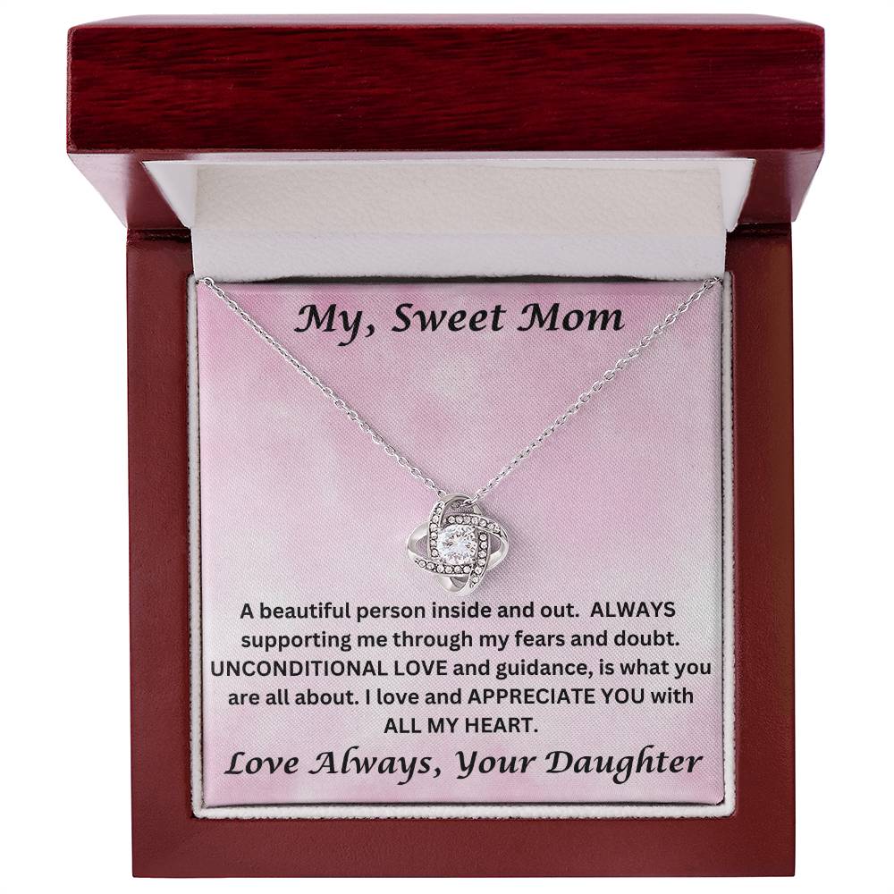 Mom gift from daughter with love knot necklace and special message in luxury box