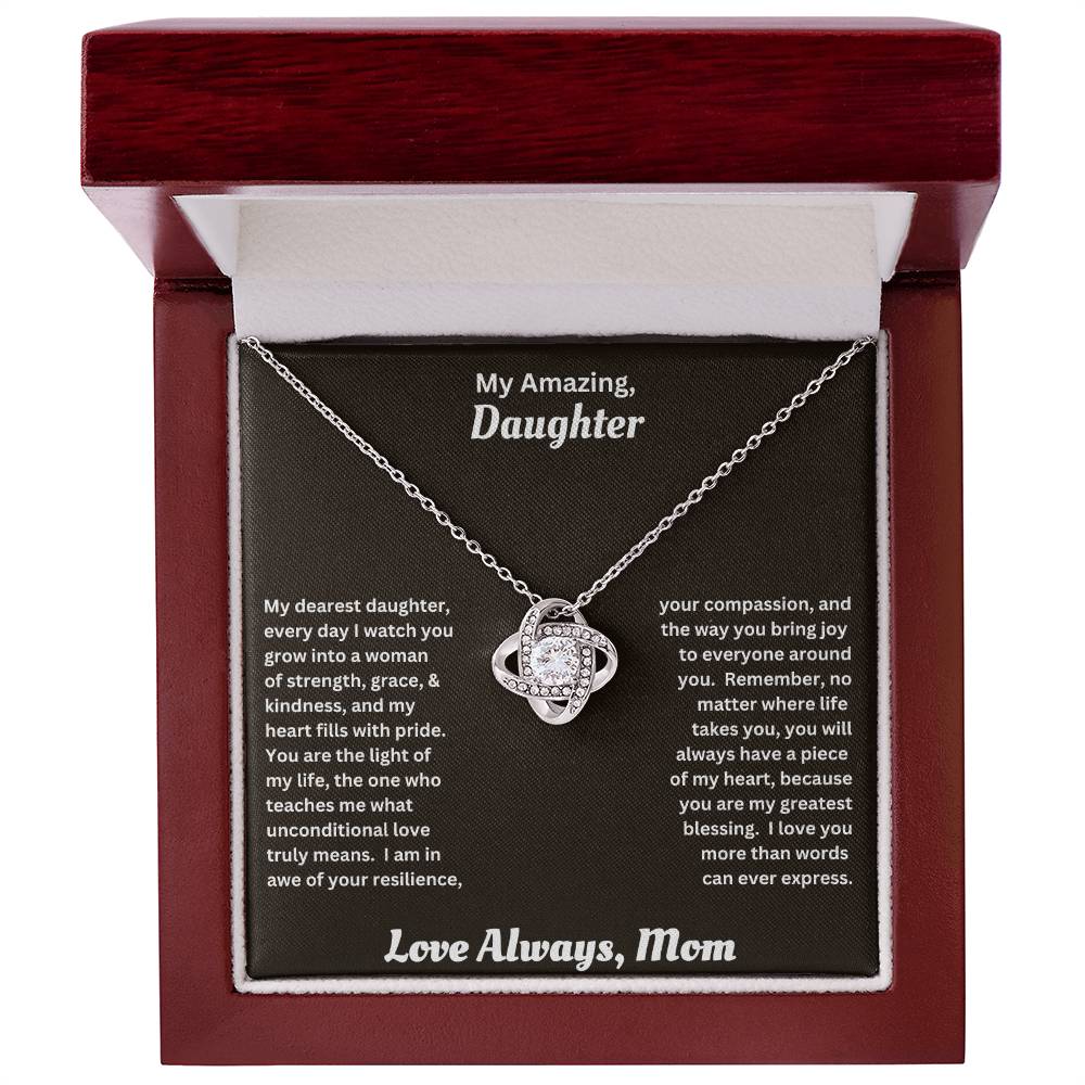 Daughter gift from mom wit love knot necklace and special message in luxury box