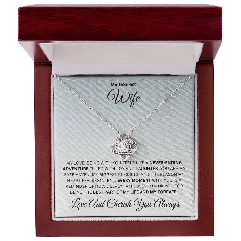 Wife gift with love knot necklace and special heart warming sentiment in a luxury box