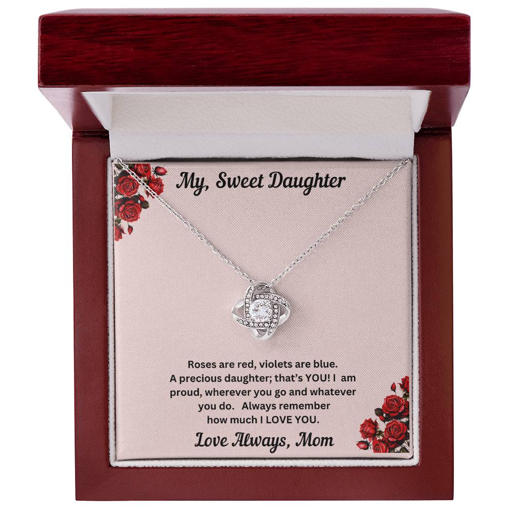 Daughter gift from mom with love knot necklace and special message in luxury box 