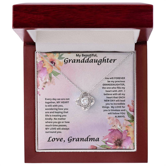 Granddaughter gift from grandma with love knot necklace and special message in a luxury box