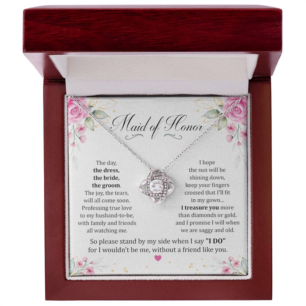 Maid Of Honor gift with love knot necklace and special message in luxury box