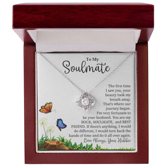 Soulmate Gift - Love Knot Necklace In 14K White Gold Finish With Message Card In Mahogany Luxury Box With LED