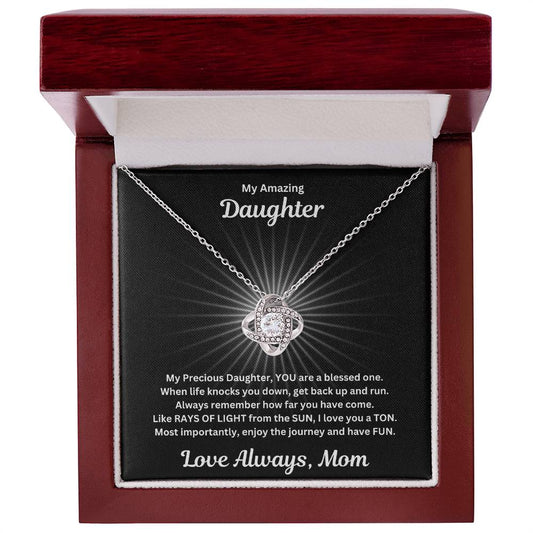 Daughter gift from mom with beautiful love knot necklace and special message in a luxury box