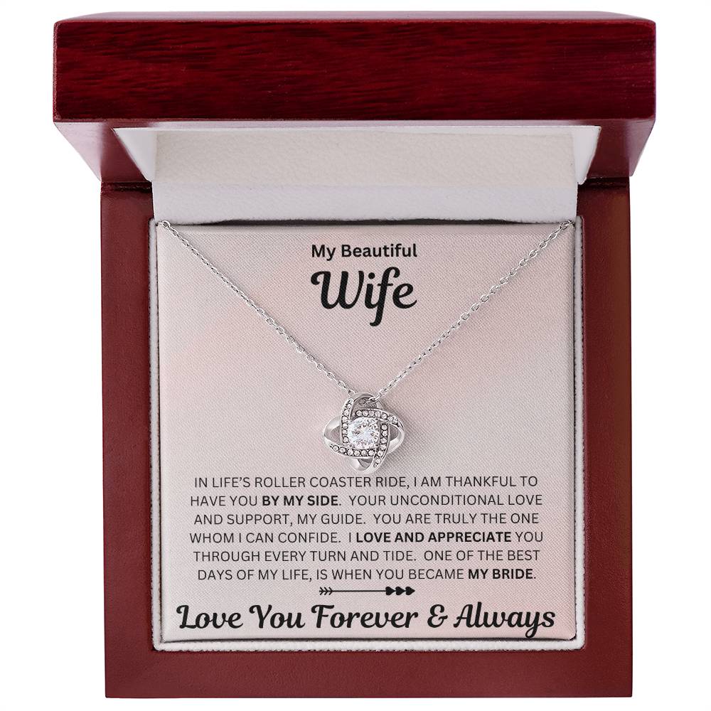 Wife gift with love knot necklace and special sentiment in a luxury box