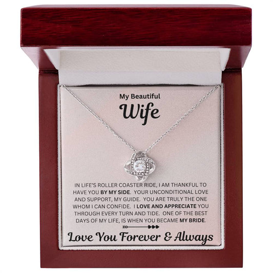 Wife gift with love knot necklace and special sentiment in a luxury box