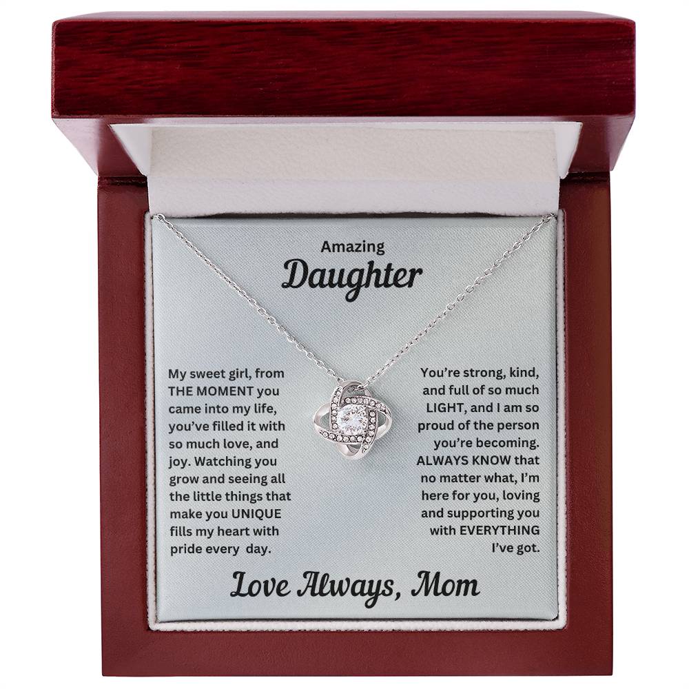 Daughter gift from mom with love knot necklace and special message in luxury box