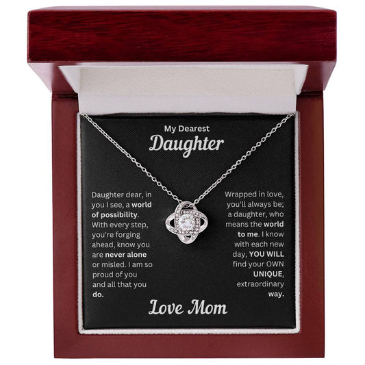 Daughter gift from mom with love knot necklace and special message in a luxury box