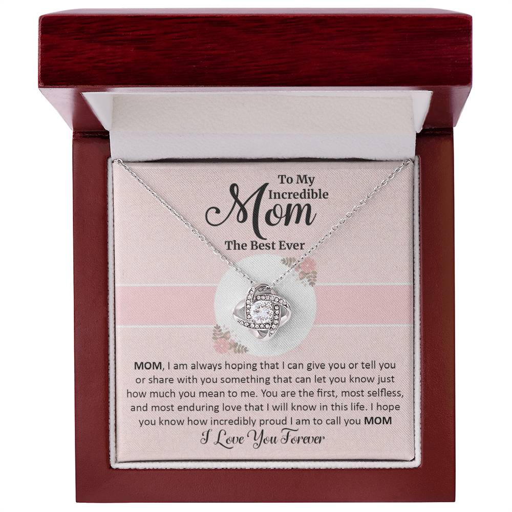 Gift for mom with love knot necklace and special message in luxury box