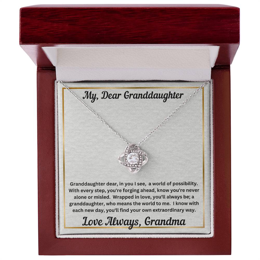 Granddaughter gift from grandma with love knot necklace and special message in luxury box