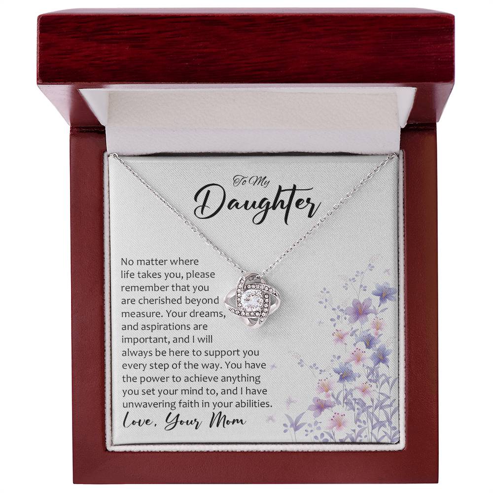 Daughter gift from mom with love knot necklace with special message in Luxury Box