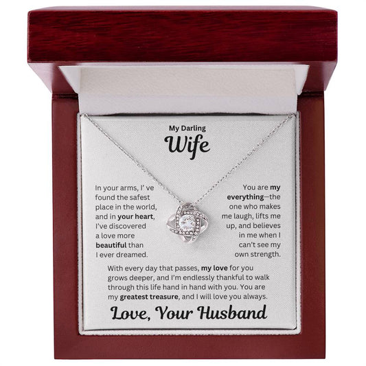 Wife gift from husband with love knot necklace and special message in a luxury box