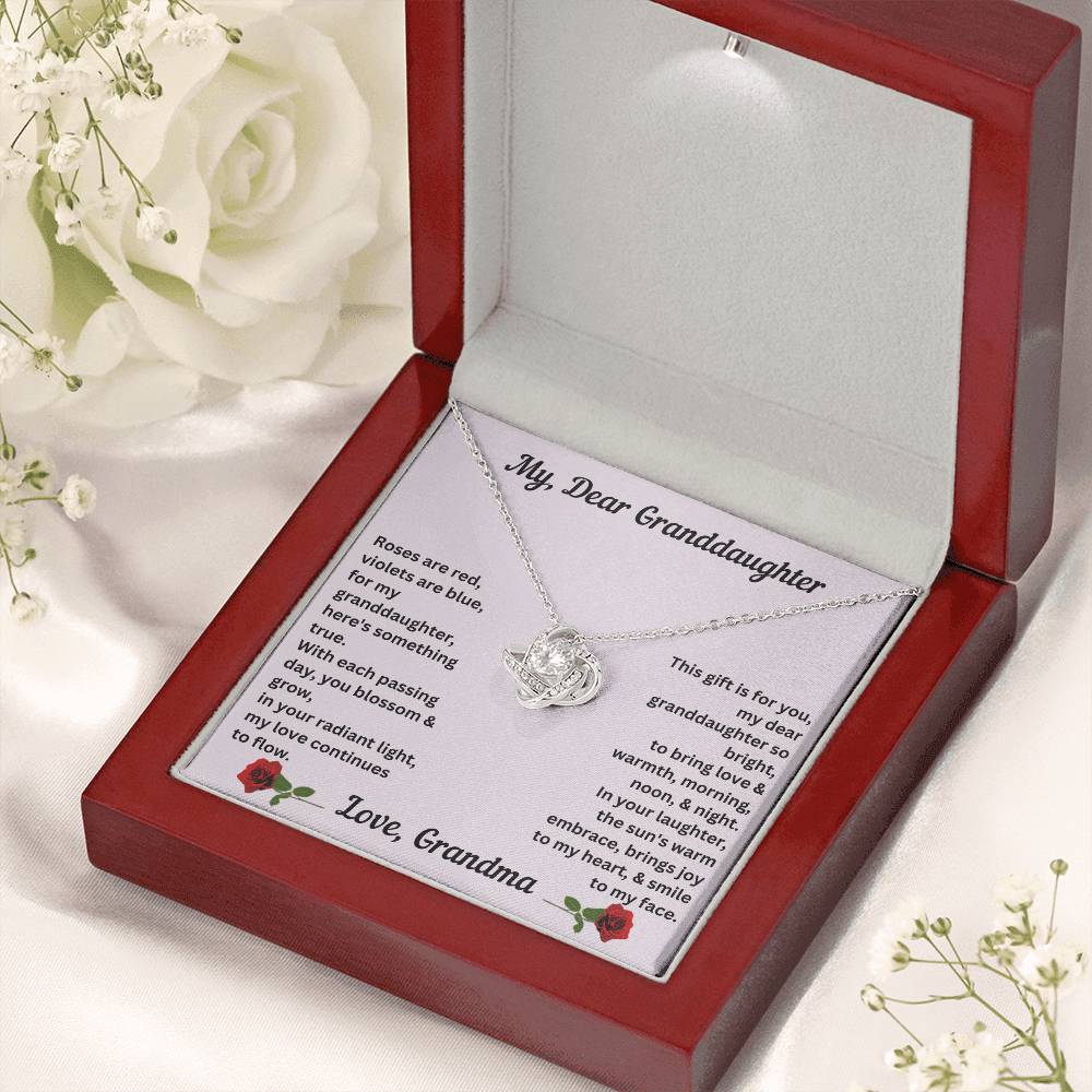 Granddaughter gift from grandma with love knot necklace with special message in luxury box with LED spotlight on