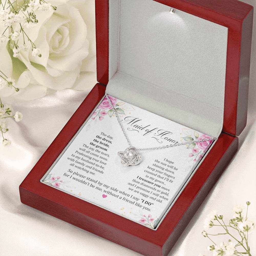 Maid Of Honor gift with love knot necklace and special message in luxury box with LED spotlight and flowers