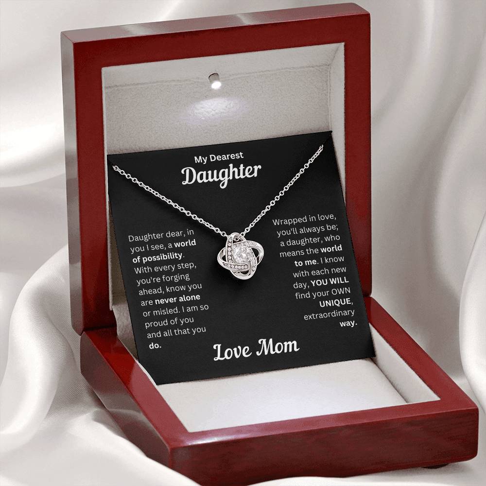 Daughter gift from mom with love knot necklace and special message in a luxury box with LED on