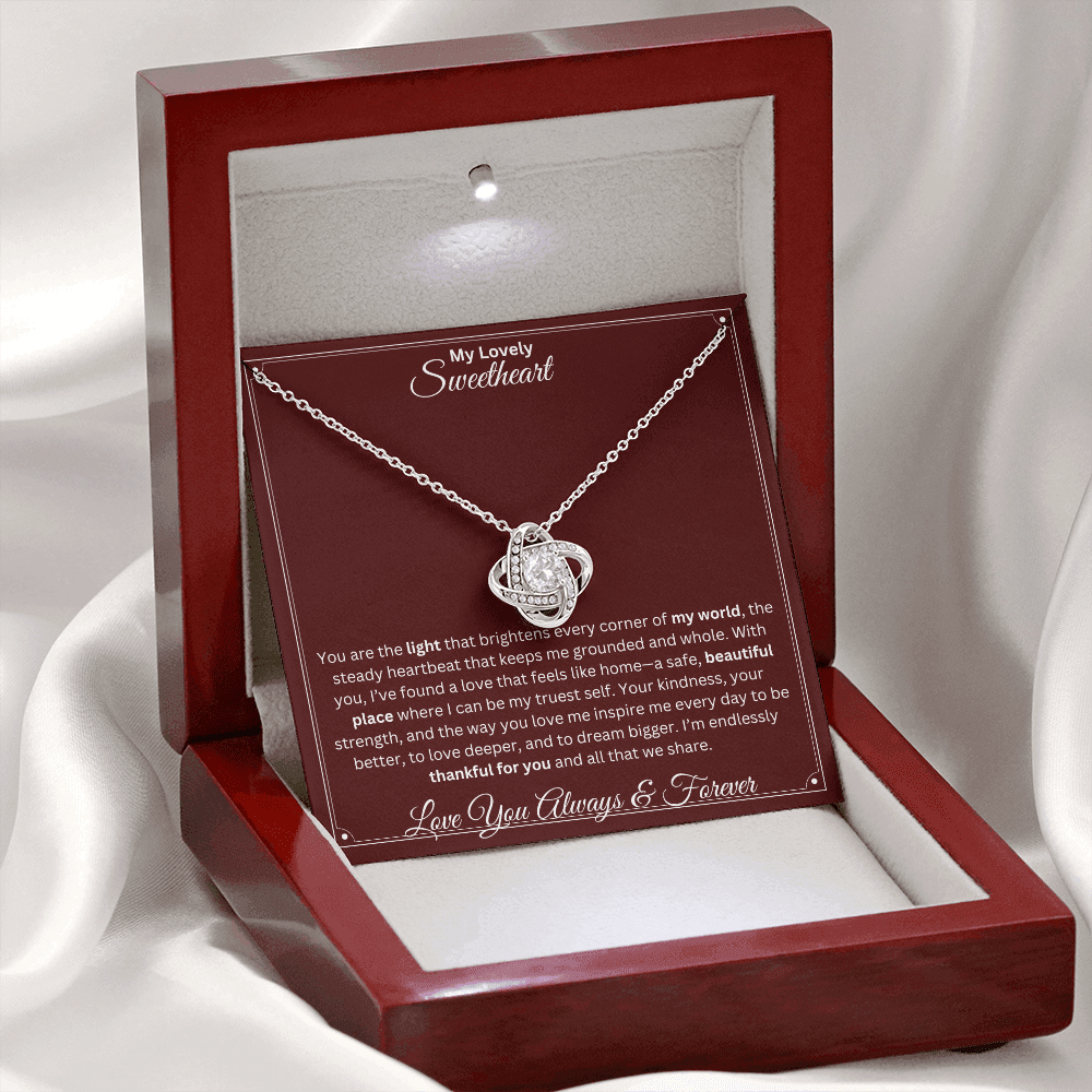 Soulmate gift with love knot necklace and special sentiment in a ready to luxury box with LED on