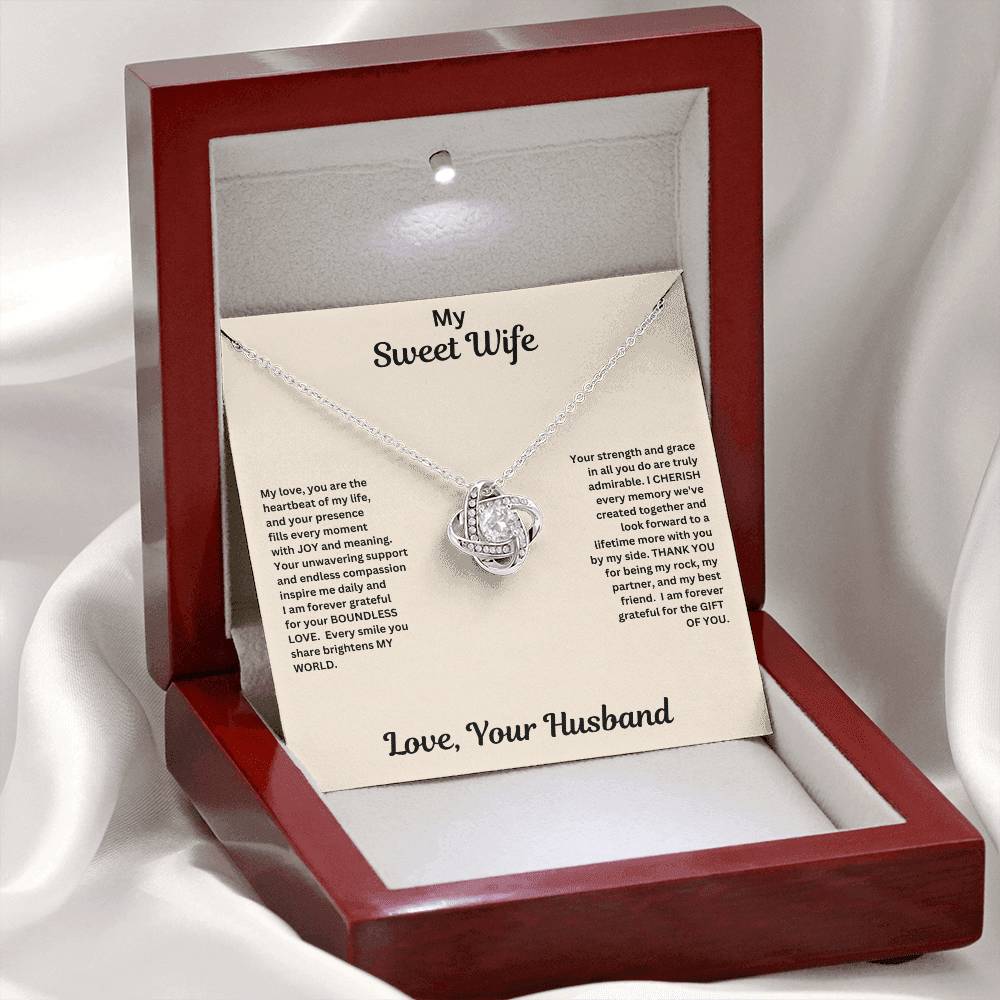 Wife gift with love knot necklace and special message in luxury box with LED light on