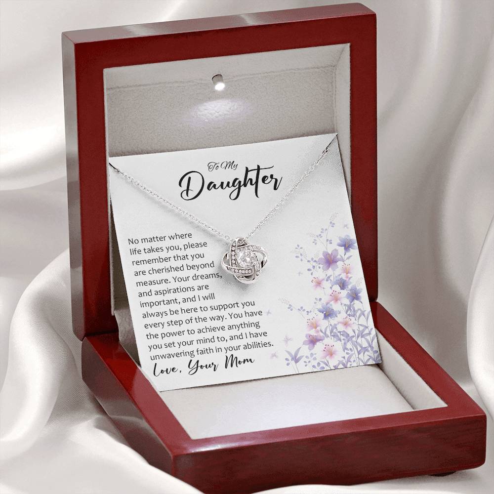 Daughter gift from mom with love knot necklace with special message in luxury box with LED light on