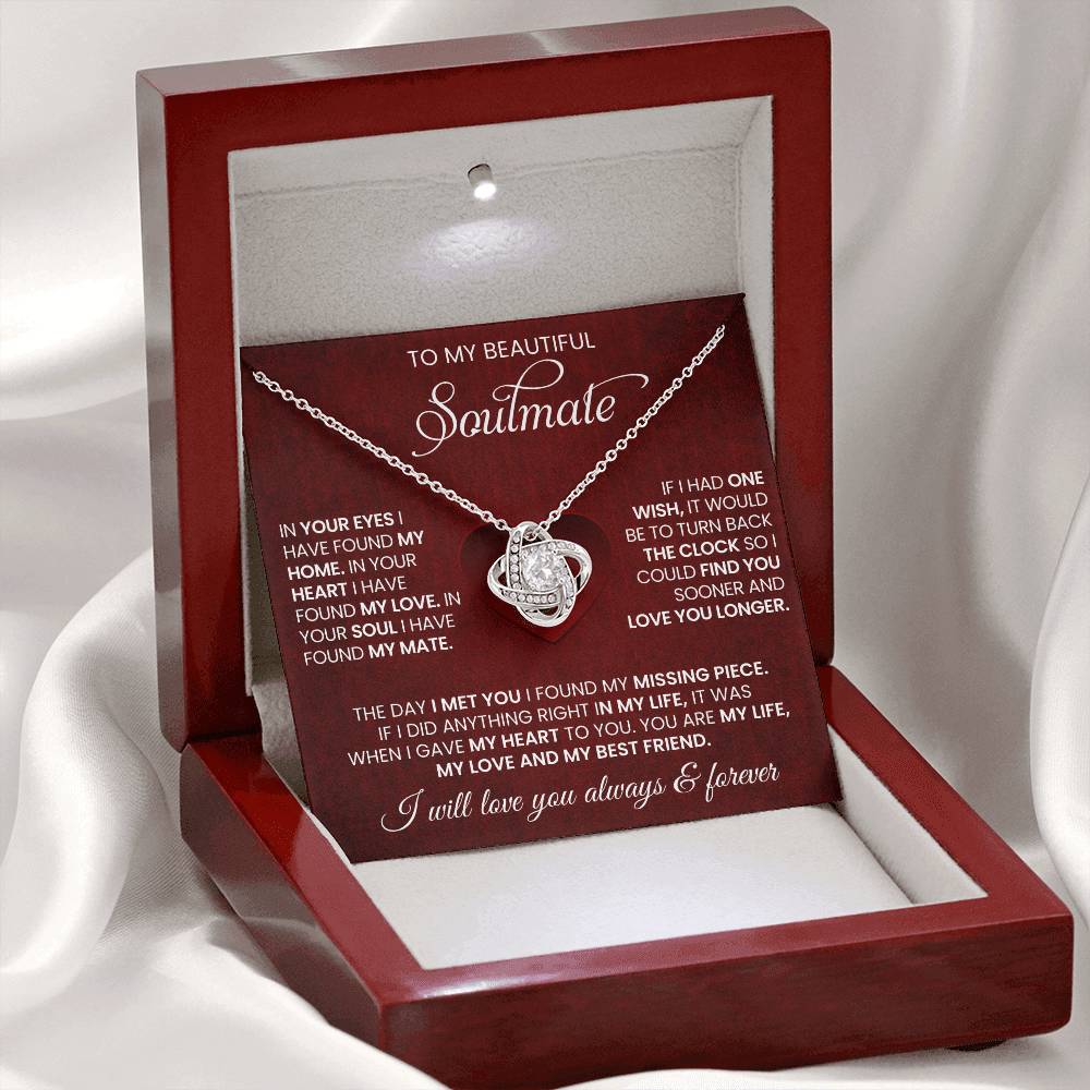 Soulmate Love Knot Necklace In 14K White Gold In Luxury Box WIth Unique Message With LED Light On