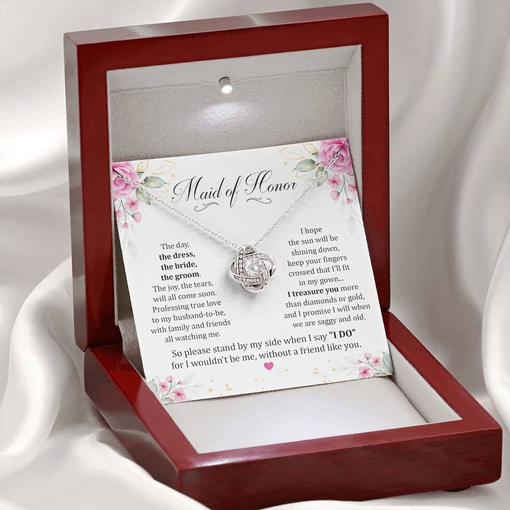 Maid Of Honor gift with love knot necklace and special message in luxury box with LED spotlight